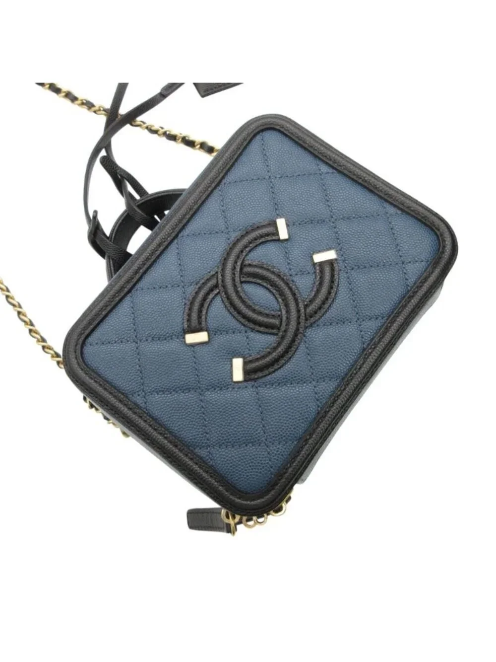 Chanel Shoulder Bag CC Filigree Small Vanity 2-Way Chain Caviar Leather Navy
